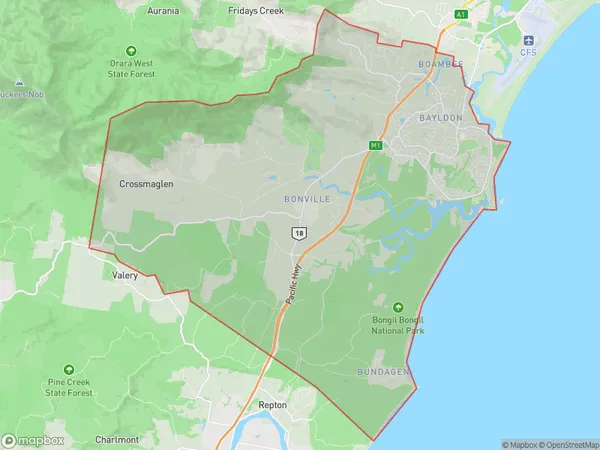 AU PostCode 2454 Suburbs Map for Sawtell - Boambee