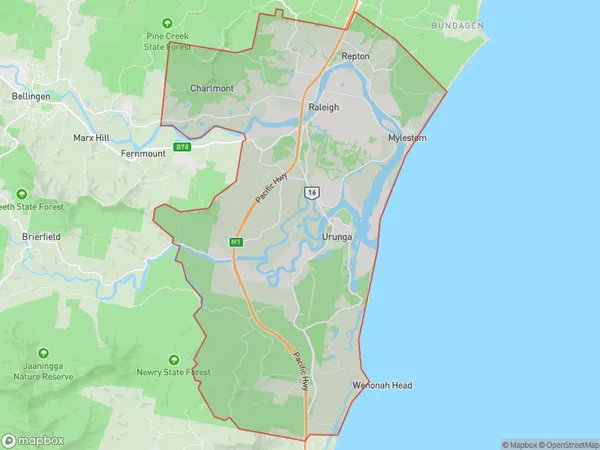 Postal Code 2454 Regions Map for Urunga