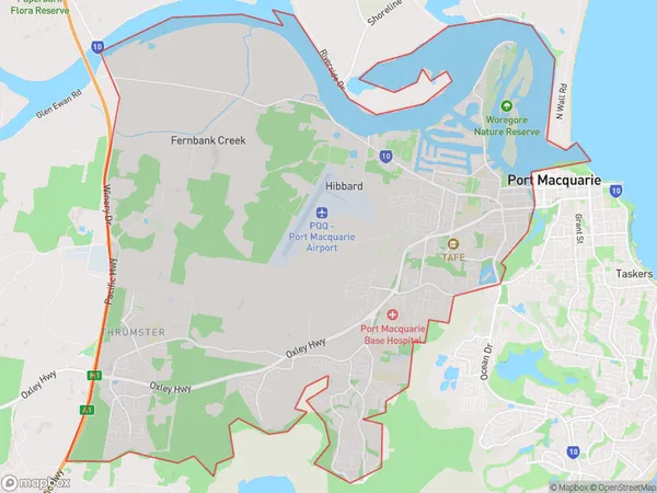 AU PostCode 2444 Suburbs Map for Port Macquarie - West