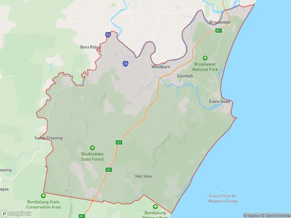 AU PostCode 2472 Suburbs Map for Evans Head