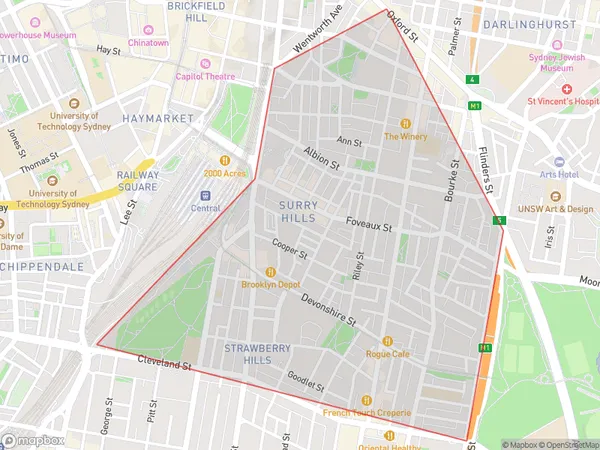 AU PostCode 2010 Suburbs Map for Surry Hills