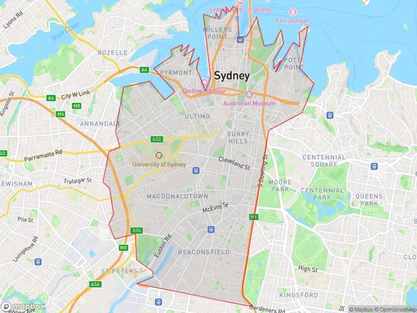 Sydney Inner City, New South Wales Polygon Area Map