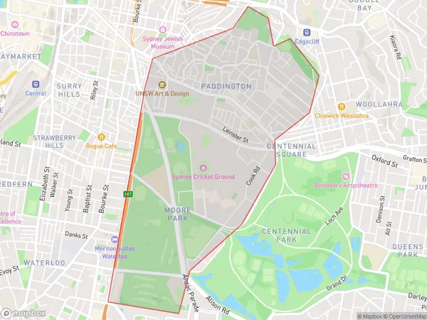 Paddington Moore Park, New South Wales Polygon Area Map