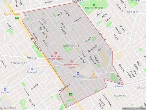 AU PostCode 2220 Suburbs Map for Hurstville