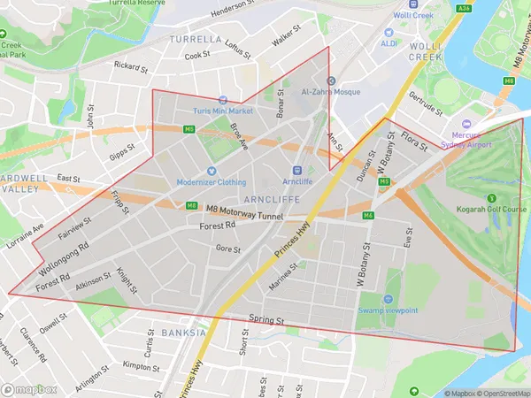 ZipCode 2205 Areas Map for Arncliffe - Bardwell Valley