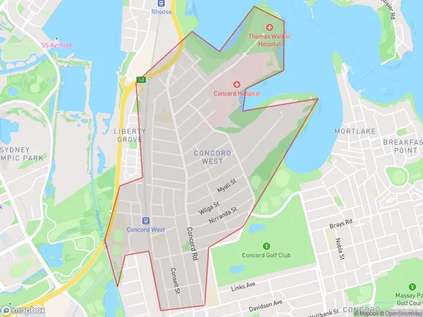 ZipCode 2139 Areas Map for Concord West - North Strathfield