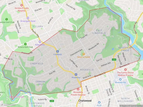 Lindfield Roseville, New South Wales Polygon Area Map