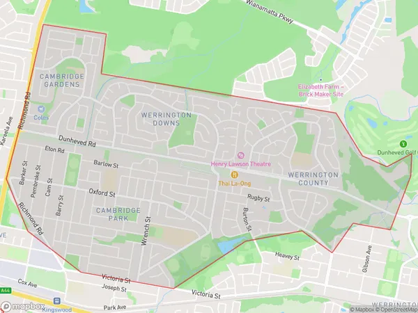 AU PostCode 2747 Suburbs Map for Cambridge Park