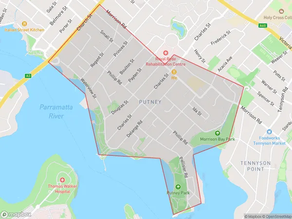 AU PostCode 2112 Suburbs Map for Putney