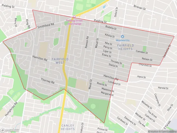 AU PostCode 2165 Suburbs Map for Fairfield - West