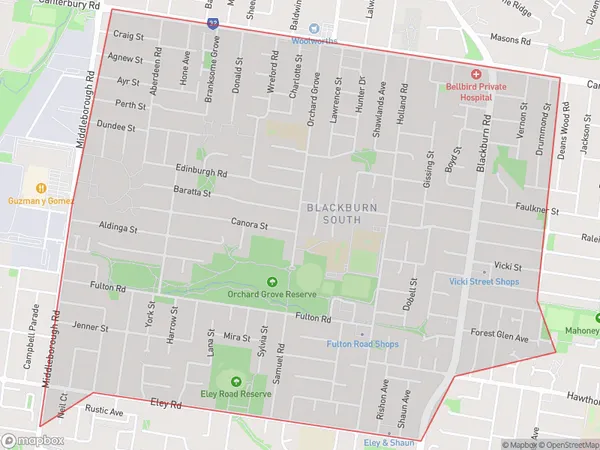 AU PostCode 3130 Suburbs Map for Blackburn South