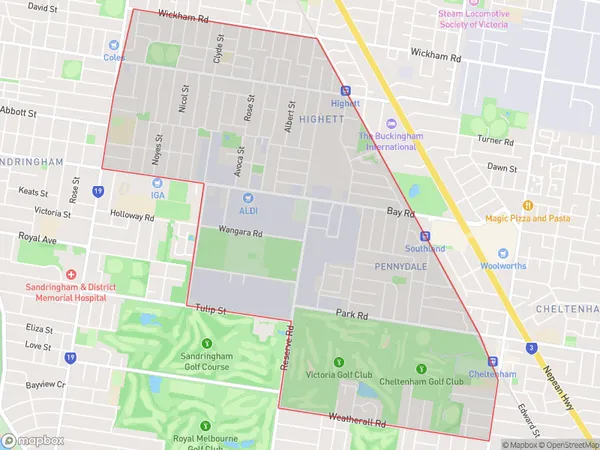 ZipCode 3190 Areas Map for Cheltenham - Highett (West)