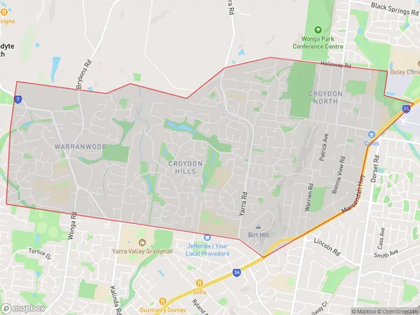 AU PostCode 3136 Suburbs Map for Croydon Hills - Warranwood