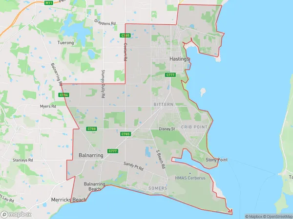 AU PostCode 3915 Suburbs Map for Hastings - Somers