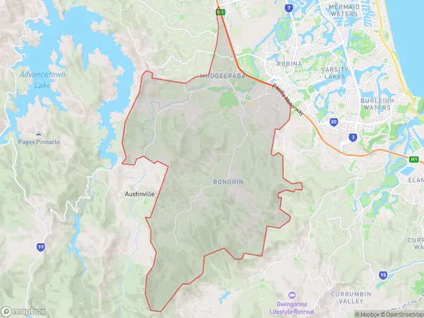 AU PostCode 4213 Suburbs Map for Mudgeeraba - Bonogin