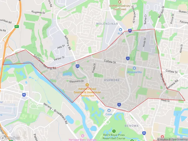 AU PostCode 4214 Suburbs Map for Ashmore