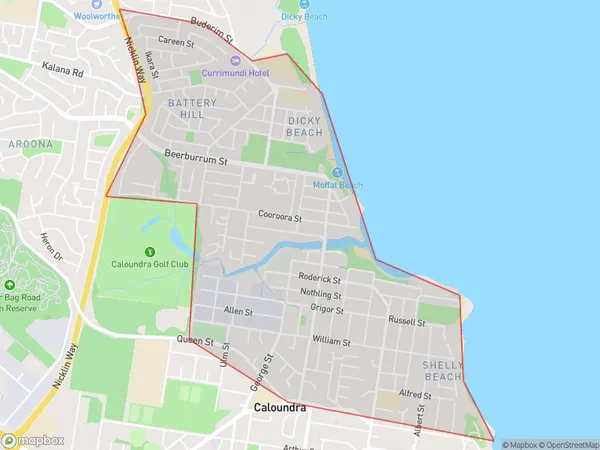 Postal Code 4551 Regions Map for Moffat Beach - Battery Hill