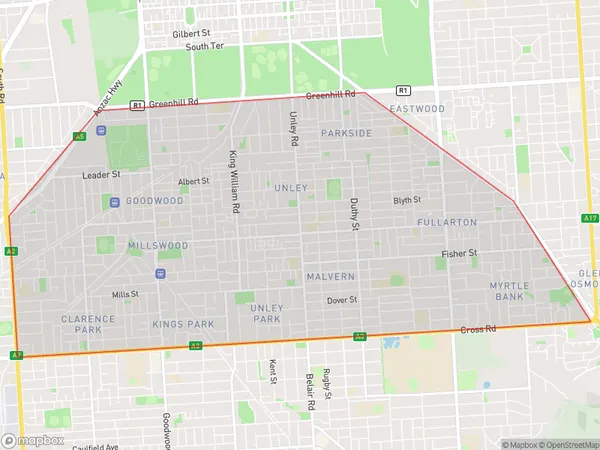 Unley, South Australia Polygon Area Map