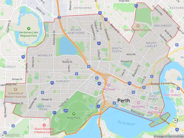 Perth City, Western Australia Polygon Area Map