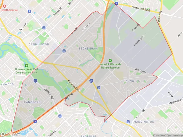 ZipCode 6107 Areas Map for Beckenham - Kenwick - Langford