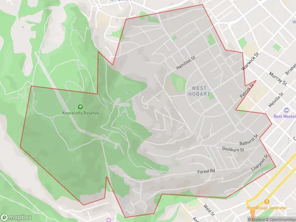 AU PostCode 7000 Suburbs Map for West Hobart