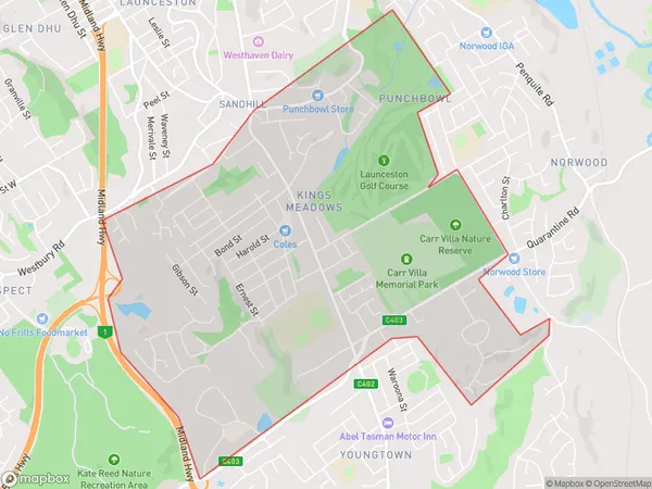 ZipCode 7249 Areas Map for Kings Meadows - Punchbowl