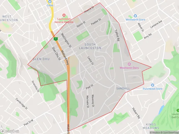 AU PostCode 7249 Suburbs Map for South Launceston