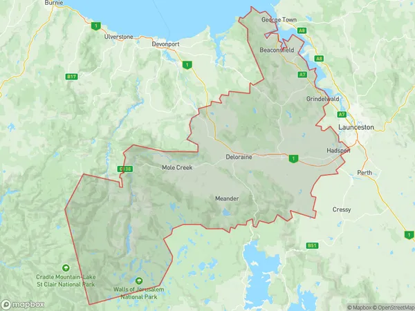 Meander Valley West Tamar, Tasmania Polygon Area Map