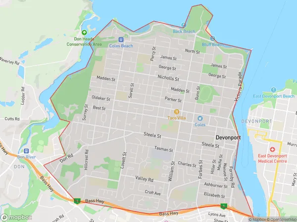 Devonport, Tasmania Polygon Area Map