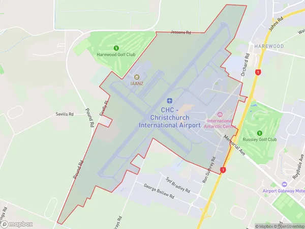 Christchurch Airport, Canterbury Polygon Area Map