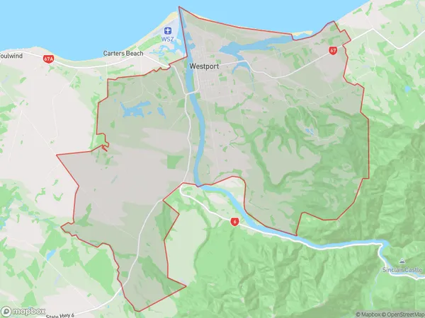 Westport, West Coast Polygon Area Map