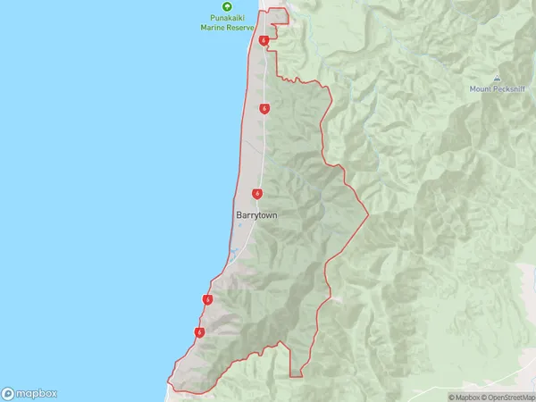 Barrytown, West Coast Polygon Area Map