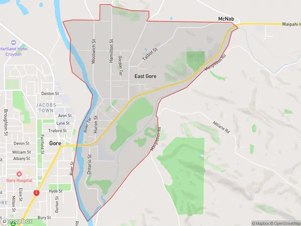 East Gore, Southland Polygon Area Map