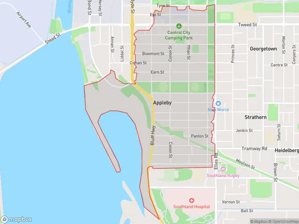 Appleby, Southland Polygon Area Map