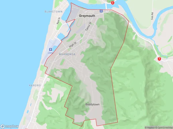 Greymouth, West Coast Polygon Area Map