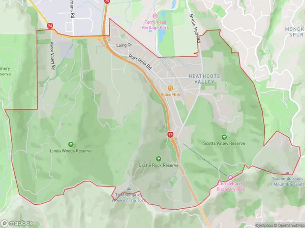 Heathcote Valley, Canterbury Polygon Area Map