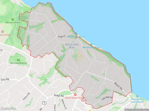 Mellons Bay, Auckland Polygon Area Map